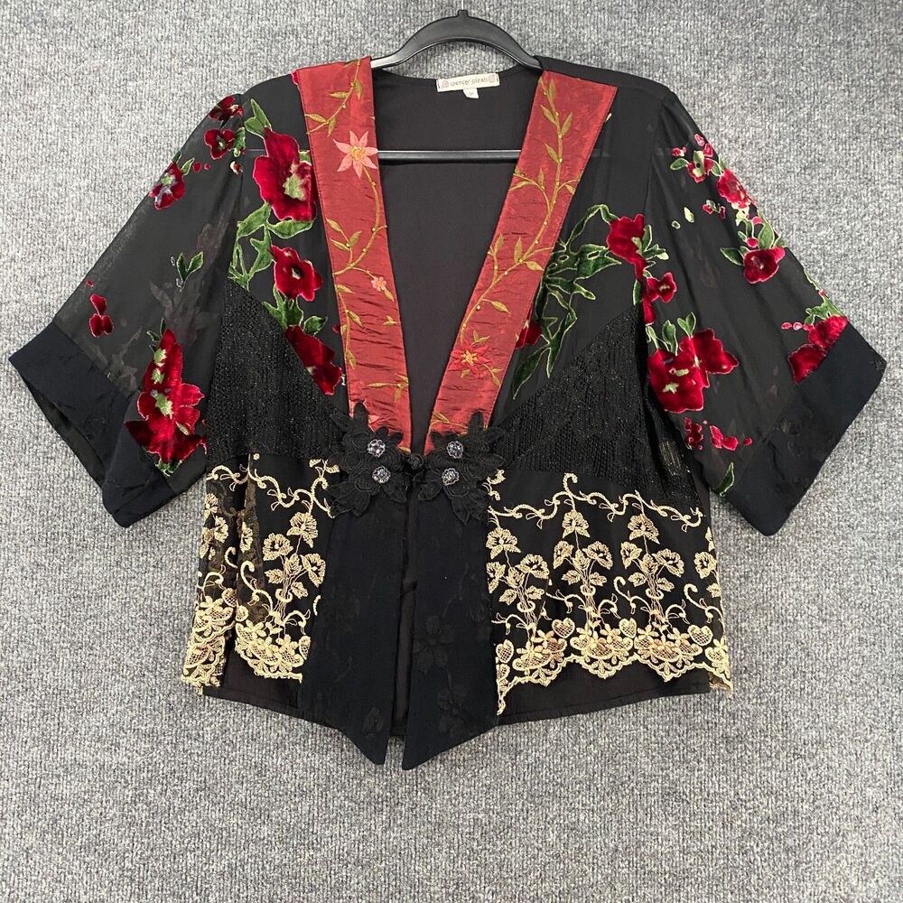 Spencer Alexis Kimono Womens M Red Black Patchwork Lace Fairy Mystic Romantic